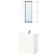 White modern bathroom set with wall-mounted mirror and cabinet in glossy finish.