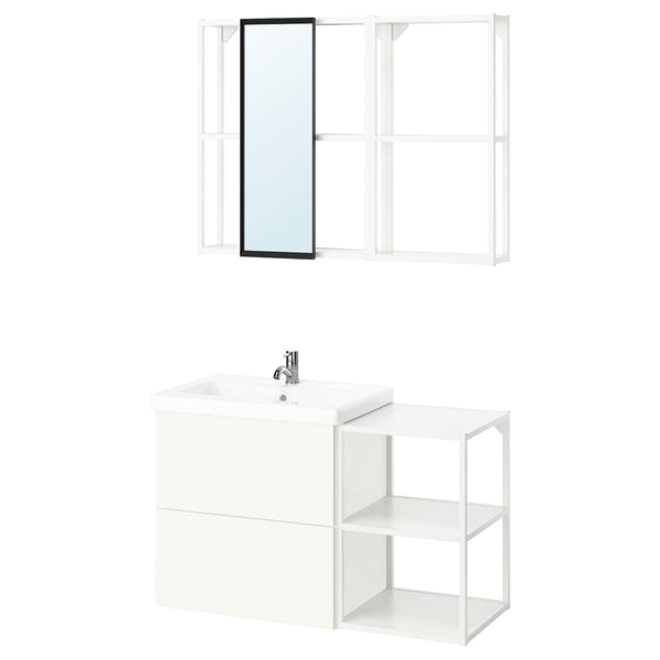 White ENHET bathroom setup: sink, mirror cabinet, and open shelves.