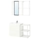 White ENHET bathroom setup: sink, mirror cabinet, and open shelves.