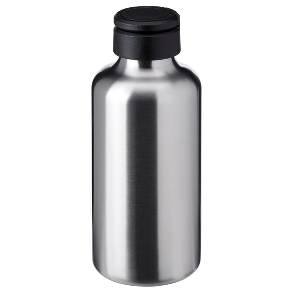 Silver stainless steel water bottle with black lid and handle, sleek and durable design.