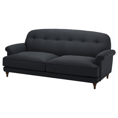 Dark grey ESSEBODA sofa, soft & deep comfort, rounded armrests, high back, cotton & polyester.