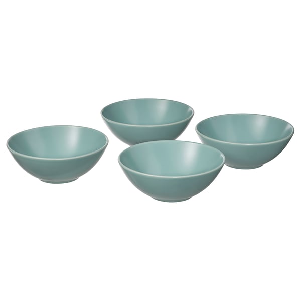 Four blue FÄRGKLAR bowls, simple design, round shape, matte finish, made of stoneware.