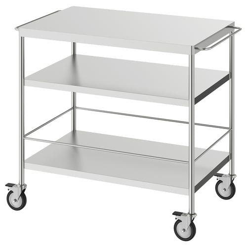 Stainless steel FLYTTA cart, 3 shelves, lockable wheels.