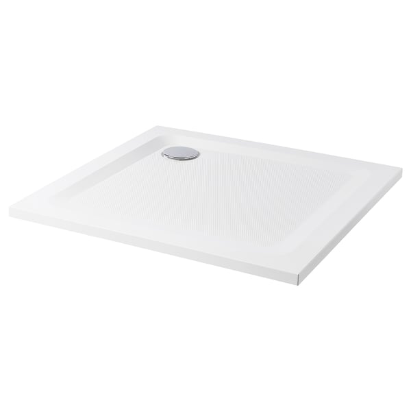 A white FOTINGEN shower tray with a smooth, anti-slip surface and a drain in the centre.