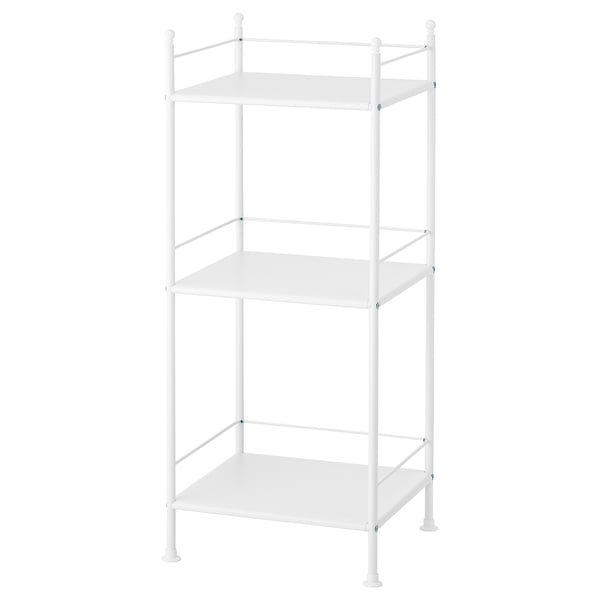 White metal bathroom storage rack with three square shelves.