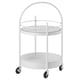 White FRÖSJÖN 2-tier round metal trolley with glass top shelf, black wheels, decorative knobs.
