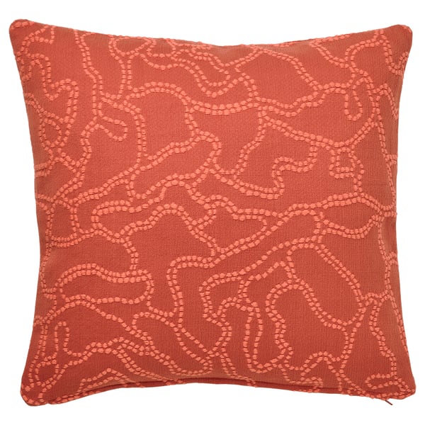 GULDFLY square cushion in vibrant orange-red, intricately woven with patterns, 100% cotton.