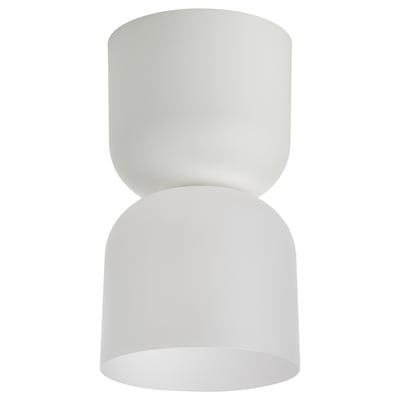White modern ceiling lamp, cylindrical shape, sleek design, made from recycled polycarbonate and polypropylene plastic.