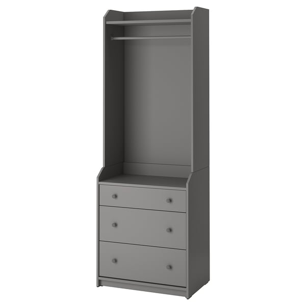 Grey HAUGA wardrobe with 3 drawers, open hanger space, minimalist design, sturdy particleboard & acrylic paint construction.
