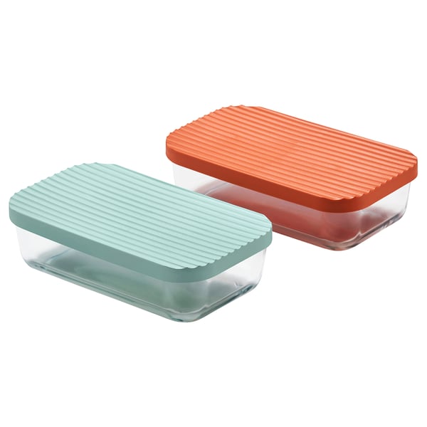 Two colourful rectangular glass containers with matching lid colours, orange and green, ridged design.