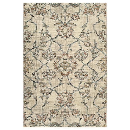 HOLSTEBRO beige floral rug: cream base, blue, beige flowers, jute-weave, rectangular, intricate design.