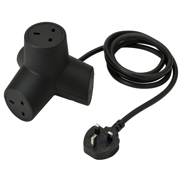 Black HORNFELS 4-way power adapter with angled outlets and a uk plug.