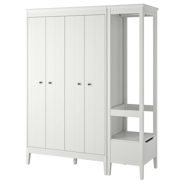 A white IDANÄS wardrobe with bifolding doors and adjustable shelves for organised storage.