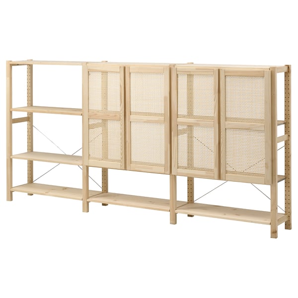 IVAR natural pine storage, bamboo doors, 4 shelves, rectangular shape.