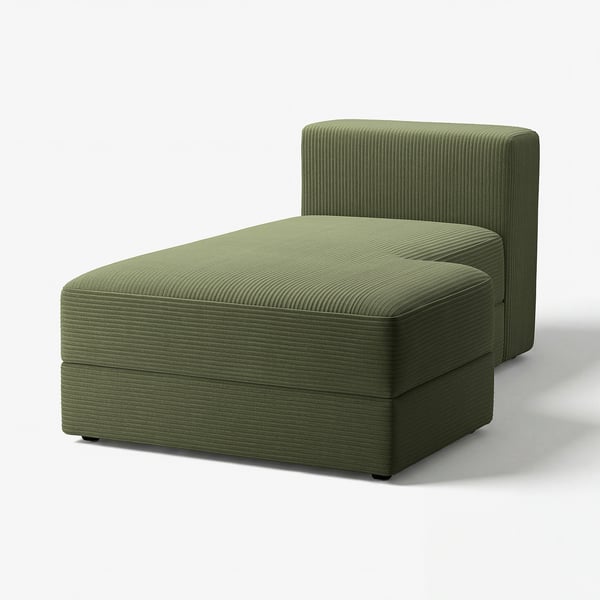 Green, modern, l-shaped sofa module with storage, ribbed fabric.