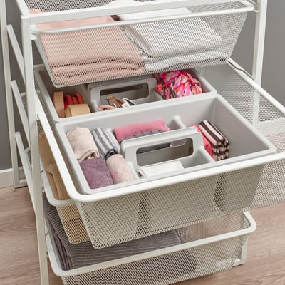 Organised storage system with multiple mesh drawers, ideal for indoor use, keeping items visible and ventilated.