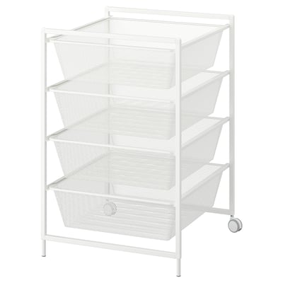 A white JONAXEL storage unit with four mesh baskets. It has a modern design with a metal frame and wheels for easy movement.