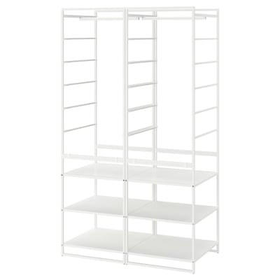 A white JONAXEL storage system with multiple shelves and hanging rods for organising clothes and accessories.