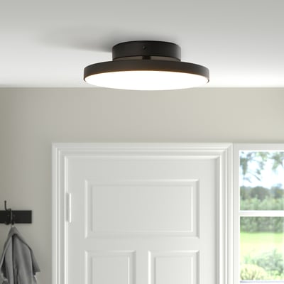 Flush-mounted ceiling lamp with modern design, emitting diffused light from built-in led, perfect for bathrooms.