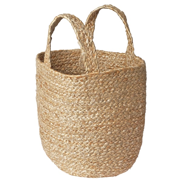 KÄLKEN natural jute storage basket, handwoven, cylindrical shape with top handles.
