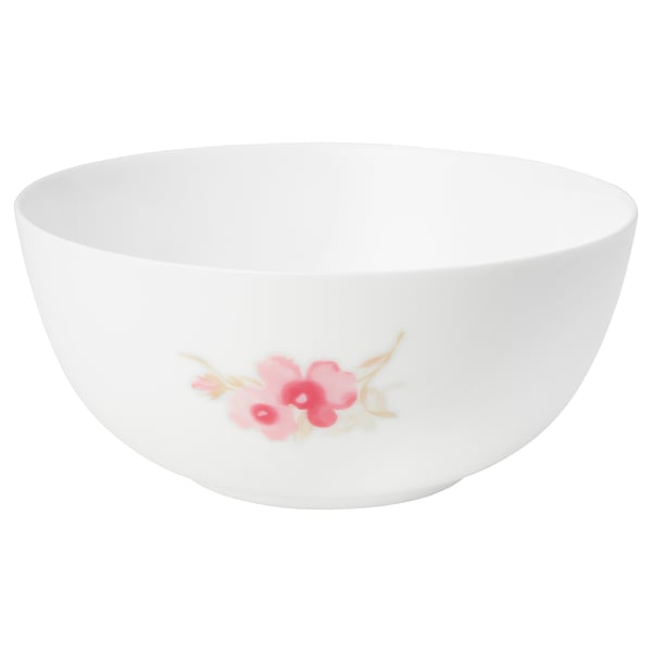 KALASBRA bowl: white glass with pink flowers, dishwasher/microwave safe, stacks.