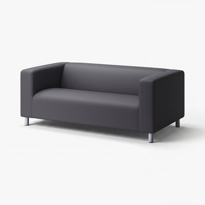 Grey KLIPPAN sofa, modern, boxy design with clean lines, supported by metallic legs.