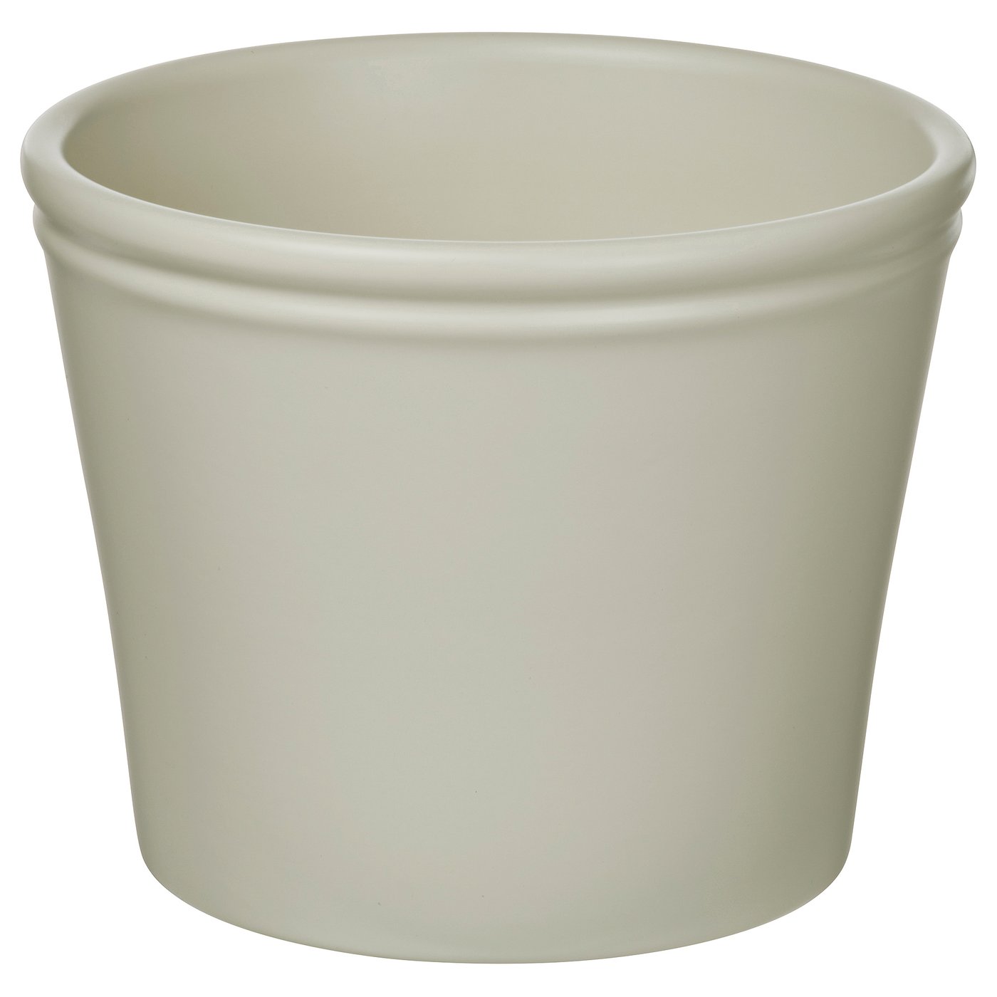 A white, round korsabarsbjork planter made of earthenware. It has a smooth, simple design suitable for indoor plants.