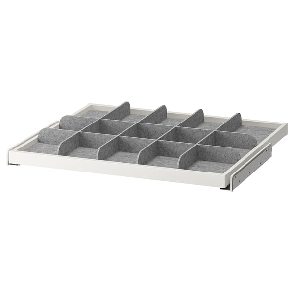 A KOMPLEMENT pull-out tray with multiple compartments. White fibreboard, grey divider, perfect for organising scarves and ties.