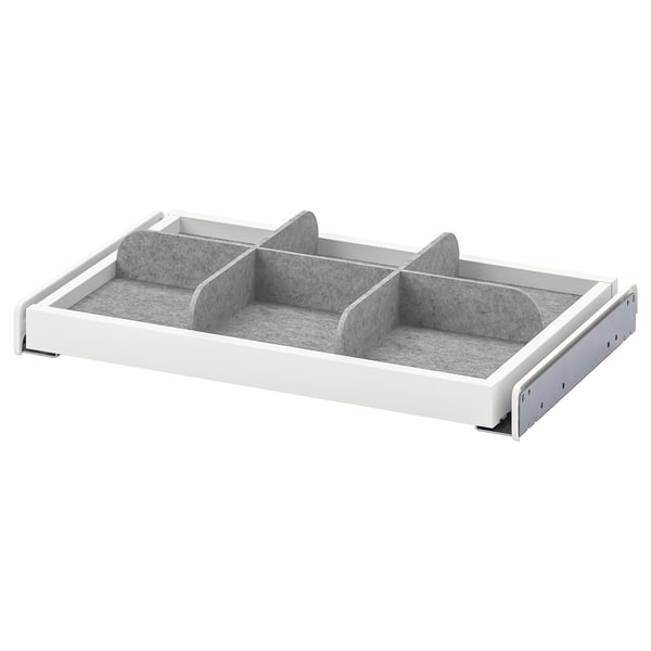 KOMPLEMENT white pull-out tray, grey felt liners, 3 compartments, sleek modern design.