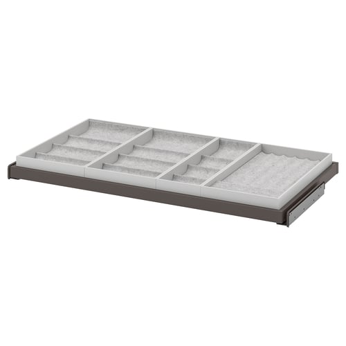 KOMPLEMENT pull-out tray: grey, felt-lined, divides into compartments, stores accessories.