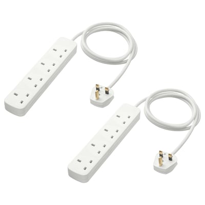Two white KOPPLA power strips with four sockets each, connected by white pvc cords, laid flat on a white background.