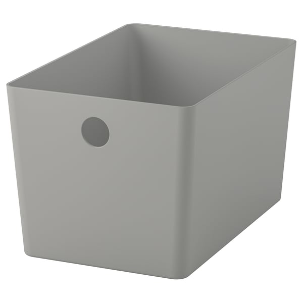 Grey KUGGIS recycled plastic box with handle for desk/shelf organisation.