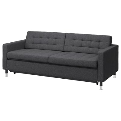 Image shows a modern grey fabric sofa named landkrona with chrome legs and a sleek design.
