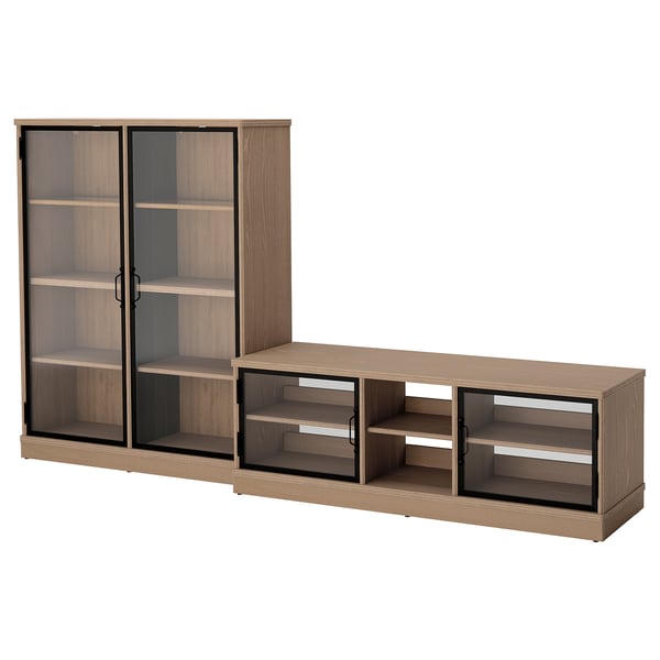 Modern brown wood entertainment centre with glass doors and open shelves.