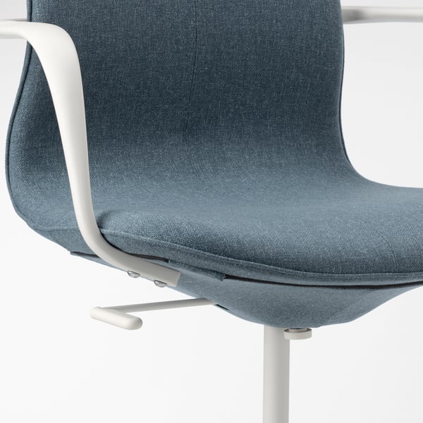 A modern office chair with adjustable height, armrests, and lumbar support. Grey fabric seat and backrest, white frame.