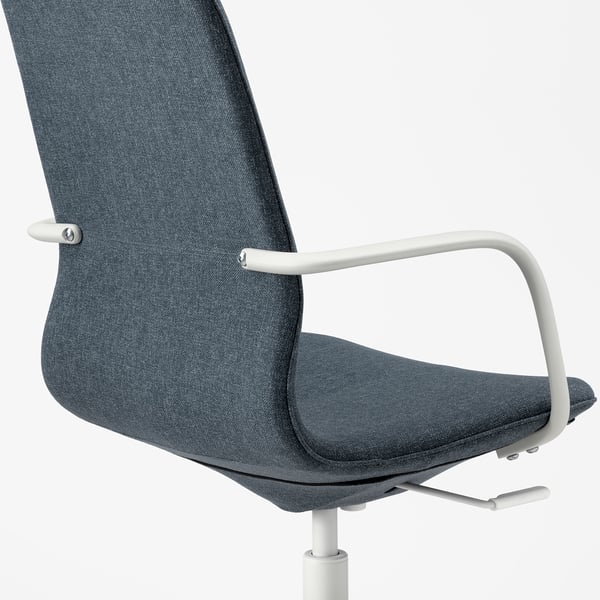 Dark grey office chair with white armrests and adjustable. High back offers support and comfort.