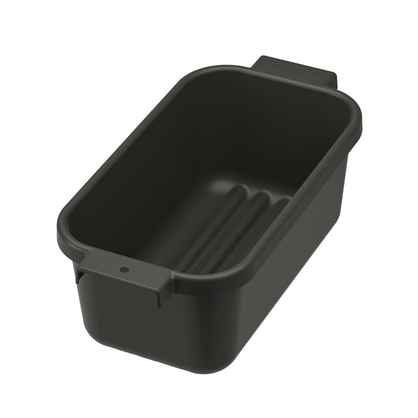 Black plastic dish bowl, rectangular with groove grip on one side.