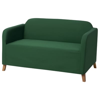 Green 2-seat LINANÄS sofa, upholstered, wooden legs, rounded edges.