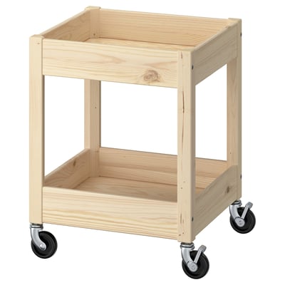 LOSHULT wooden trolley, light natural finish, four wheels, rectangular shape, simple design.