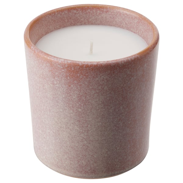 LUGNARE candle in pink ceramic jar, round shape, speckled design, jasmine scent.
