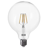 IKEAs LUNNOM led light bulb is shown, spherical in shape with a clear glass cover, emitting warm white light.