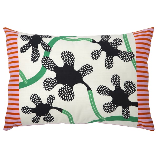 MÄVINN cushion with black flowers, green stems, pink and orange stripes, rectangular shape, cotton.