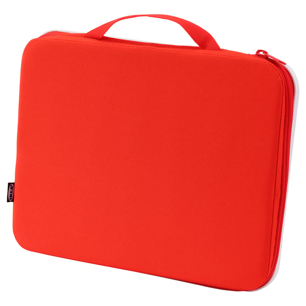 Bright red rectangular laptop sleeve with handle, featuring polyester fabric, zip closure, and simple design.