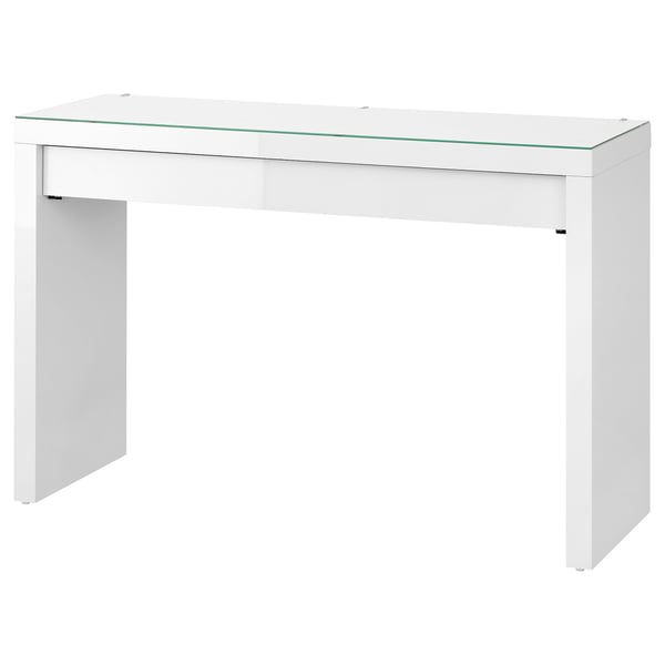 MALM desk in white with sleek glass top, rectangular design.