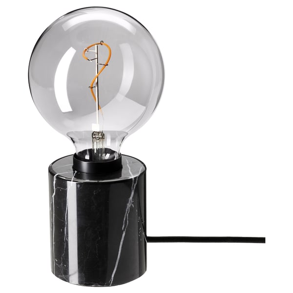 MARKFROST lamp: black marble base, smoke glass bulb with spiral filament, elegant, stable, warm glow led bulb.