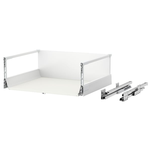 MAXIMERA white drawer, open, showcasing steel runners, with smooth edges and modern design, ideal for organising items.