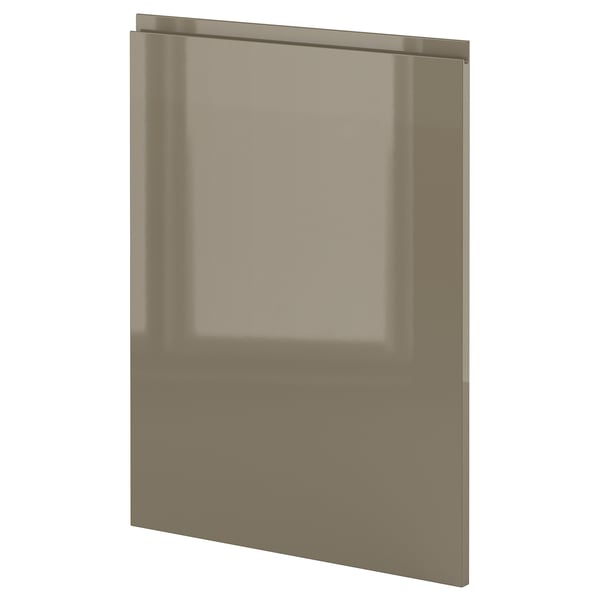 A sleek, high-gloss dark grey-brown kitchen cabinet door from IKEAs METOD system, featuring clean lines and minimalist design.
