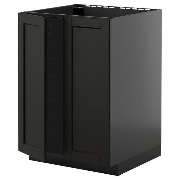 An ikea black METOD kitchen cabinet. Its rectangular with a modern, sleek design and dark finish. The cabinet has a frame and panels made of ash wood.