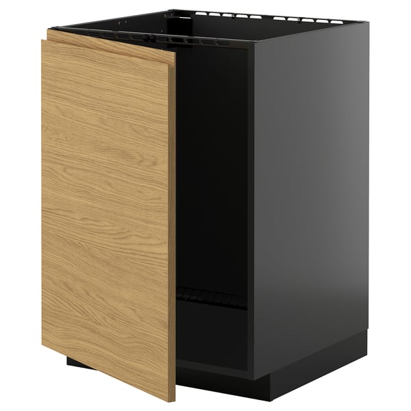Modern kitchen cabinet with dark grey box and light wood door.