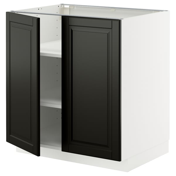 METOD kitchen unit with black bevelled doors, adjustable shelves, white base, square shape.